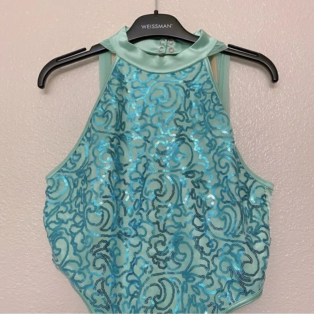 WEISSMAN Dance Costume mint aqua sequin WAITING GAME 10271 mesh cut out adult LA